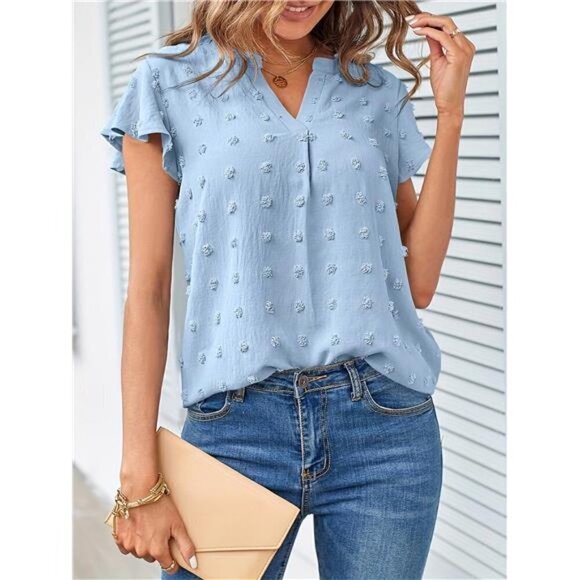Sky Blue Women's Ruffle Sleeve V Neck Swiss Dot Blouse XXL NWT - Picture 1 of 14